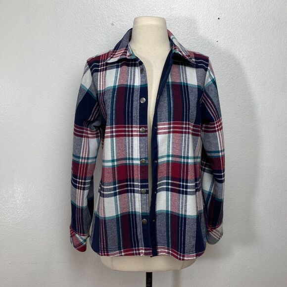 Orvis Womans Plaid Cotton Shacket Medium Blue Red Snap Front Pockets Chore Work - Picture 1 of 12